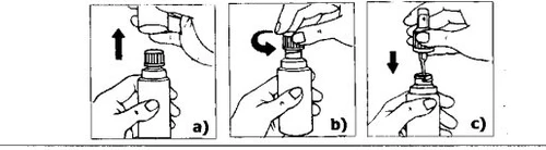 Tre diagrammi mostrano come rimuovere il cappuccio, ruotarlo per sbloccarlo e inserire l'applicatore sul flacone del farmaco