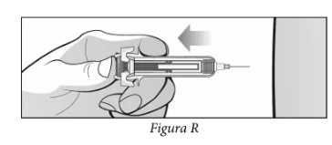A hand holds a syringe horizontally and moves it to the left following the direction indicated by a gray arrow