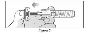 A hand holds a cylindrical medical device with an arrow indicating movement to the left for the