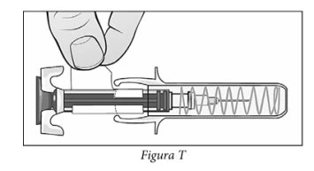 Technical drawing of a hand holding a pre-filled syringe with plunger, cylindrical body, and an internal spring visible in cross-section