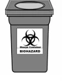 Gray sharps container with biohazard symbol and the word BIOHAZARD written on it