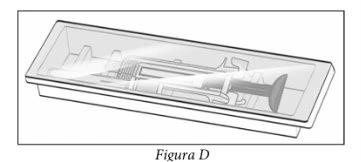 Black and white technical drawing of a syringe contained within