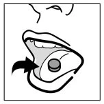 Disegno in bianco e nero di una bocca aperta con una freccia che indica l'inserimento di una compressa sulla lingua