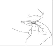 Line drawing of a hand offering a tablet to the open mouth of a person for