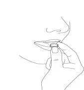 Thin line drawing of a hand holding a tablet near the open lips of a person ready to take the medication