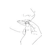 Disegno a linee sottili di una mano che tiene una compressa vicino alle labbra aperte di una persona per l'assunzione del farmaco