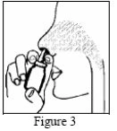 Disegno in bianco e nero di una mano che inserisce l'ugello di un flacone spray all'interno di una narice per l'applicazione del farmaco