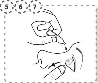 Line drawing of a hand using a dropper to apply a drop of liquid to the top of a person's nose