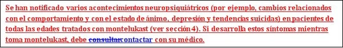 Text in Spanish on a white background warning of possible neuropsychiatric events such as depression or suicidal tendencies associated with montelukast