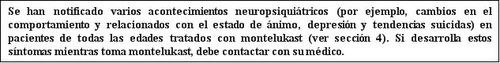 Testo in spagnolo che avverte di possibili eventi neuropsichiatrici come cambiamenti di umore o depressione durante l'assunzione di montelukast