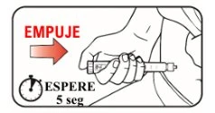 Drawing of a hand pressing an injector against the skin with a red arrow and a timer indicating the
