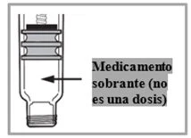 Technical drawing of a glass vial with an arrow indicating residual medication inside