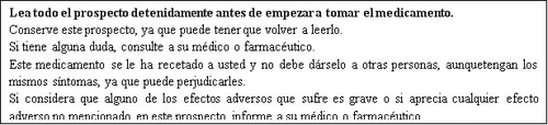 Spanish text on a white background advising to read the package leaflet carefully and to consult a doctor or pharmacist if in doubt