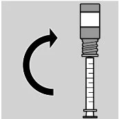 Diagramma con una freccia curva nera che indica il movimento di rotazione verso destra di un dispositivo medico cilindrico a strisce orizzontali