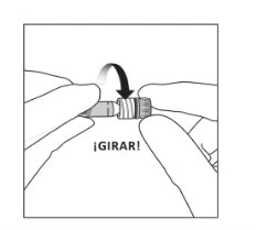 Due mani tengono un flacone medico e una freccia curva nera indica il movimento di rotazione con la scritta ¡GIRAR!