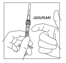 Disegno in bianco e nero di due mani che mostrano come colpire la siringa con un dito per far scendere il liquido nel corpo della stessa