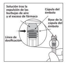 Diagramma medico che mostra la soluzione dopo l'espulsione delle bolle, la cupola e la base dell'embolo con la relativa linea di dosaggio