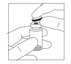 Two hands holding a glass vial while one hand removes the plastic or rubber stopper to access the contents