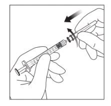 Two hands assembling a syringe with a needle, with black arrows indicating the motion of attaching the cap onto the syringe tip
