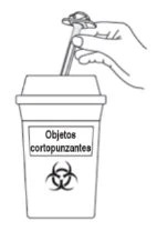 A hand inserting a needle into a sharps and needles disposal container with biohazard symbol on a white background