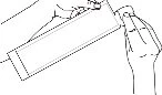 Black line drawing showing a hand holding a tilted rectangular vial above a