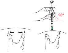 Technical drawing showing a hand holding a syringe for a