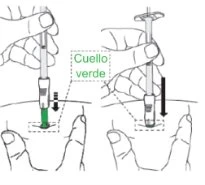 Two illustrations show hands holding an injection pen to apply it to the skin with a black arrow indicating downward movement