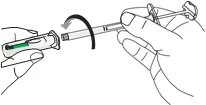 Two hands rotating and joining two parts of a cylindrical medical device with a black curved arrow indicating rotational movement