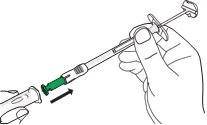 A hand holding a syringe inserting it into a cylindrical container indicated by a black arrow pointing to the right