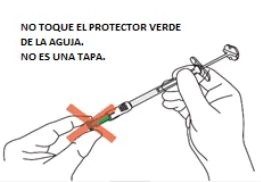 Drawing of hands holding a syringe with a red cross over the green needle protector