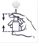 A hand holding a spray bottle with arrows indicating the vertical pressing motion for the
