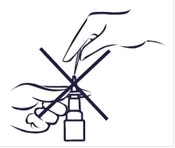 Line drawing of a hand using a syringe to draw content from a small glass vial with a large cross over it