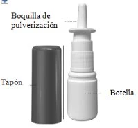 Diagram of a medical spray bottle with a dark cap on the left, a white bottle body, and a dispensing nozzle at the top
