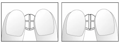 Due illustrazioni che mostrano due dita che premono un piccolo dispositivo circolare con una croce centrale per aprirlo o attivarlo