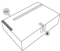 Diagramma di una scatola rettangolare con indicazione della data di scadenza EXP e un simbolo di lucchetto che indica la chiusura di sicurezza