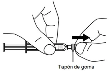 Disegno in bianco e nero che mostra due mani che manovrano una siringa con una freccia nera che indica il movimento verso un tappo di gomma