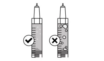 Diagram showing two syringes with check marks and crosses indicating correct absence of air bubbles