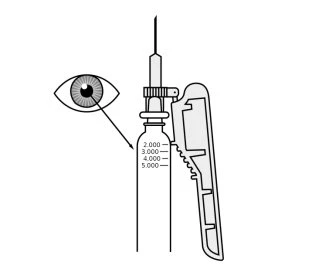 Technical drawing of a syringe with needle and graduated scale from 2,000 to 5,000 with an arrow indicating the