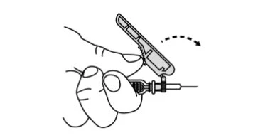 Line drawing of a hand holding a medical device with a needle and an upper part rotating downward following a dashed arrow
