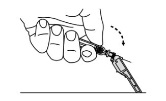 A hand holding a downward-tilted injection pen for the