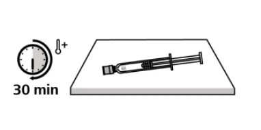 Clock icon with a circular arrow and thermometer symbol next to the text '30 min' and a syringe placed on a flat surface