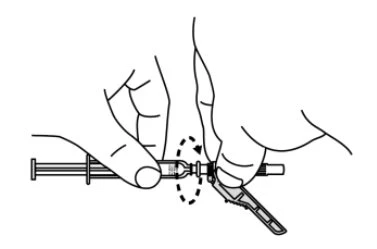 Line drawing of two hands holding a syringe and attaching a cap or connection device through a downward rotational motion