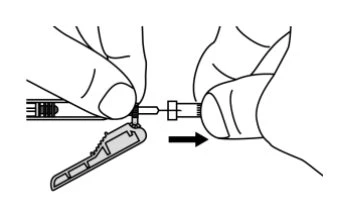 Two hands connecting a medical device to a container via a black arrow indicating insertion movement to the right