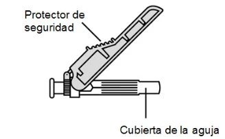Technical diagram of a syringe with an upper safety shield and covering of the