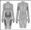 Diagramma del corpo umano che mostra aree scure su addome, cosce e braccia per indicare i siti di applicazione del farmaco su fronte e retro