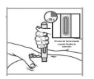 Disegno tecnico che mostra una mano che impugna un dispositivo medico sulla pelle con un dettaglio ingrandito che indica un angolo di 45 gradi