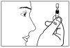Black and white drawing of a face in profile viewing a hand holding vertically a medicine vial ready for