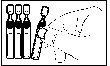 Three medicine vials standing vertically next to a syringe with needle pointing toward a series of curved dashed lines on a white background