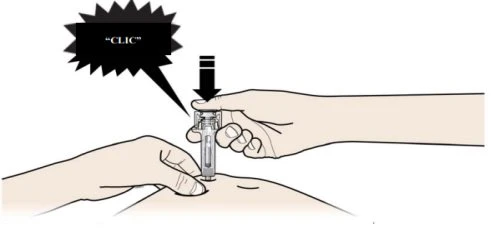 Hands holding an injection medical device against the skin with a black downward arrow and a speech bubble with the word CLICK