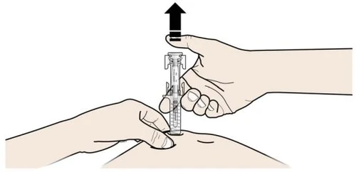 A hand holding a syringe vertically above the skin while the